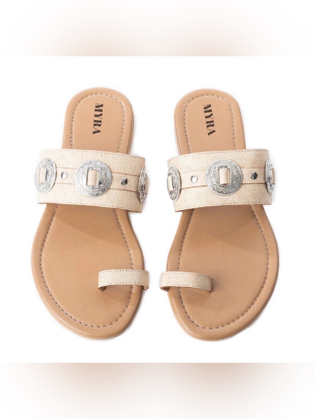 Myra Bag Champagne Metallic Slide Sandals with Silver Medallions